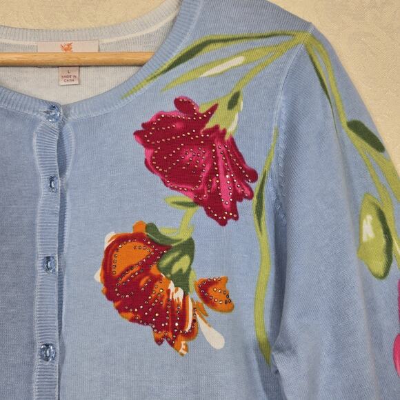 Quacker Factory Cardigan Sweater sz L Blue Multi Floral 100% Cotton Rhinestones - Picture 5 of 13